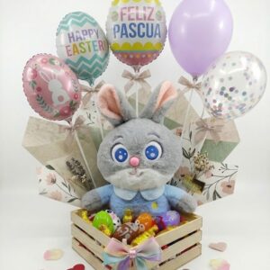 Arreglo de Pascua – Peluche de Conejo con Globos y Chocolates
